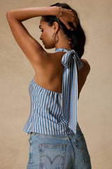 Simonetta Blue Striped Cross-Front Halter Tank Top