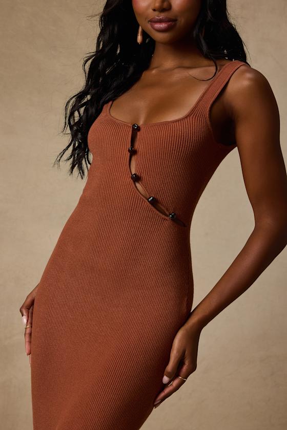 Clairo Light Brown Ribbed Knit Cutout Midi Dress