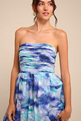 Mykala Blue Abstract Pleated Strapless Maxi Dress