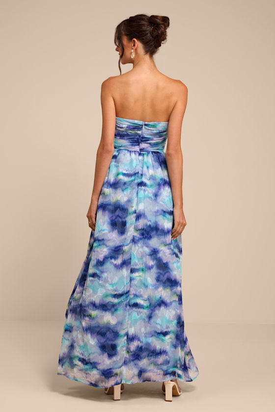 Mykala Blue Abstract Pleated Strapless Maxi Dress