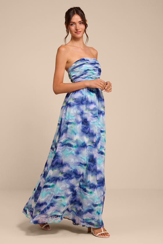 Mykala Blue Abstract Pleated Strapless Maxi Dress