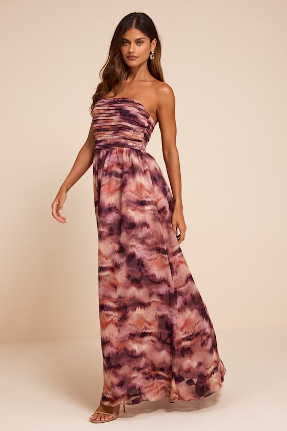 Mykala Mauve Abstract Pleated Strapless Maxi Dress