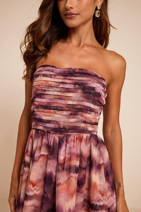 Mykala Mauve Abstract Pleated Strapless Maxi Dress
