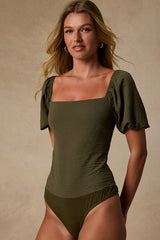 Abundance of Love Olive Textured Puff Sleeve Tie-Back Bodysuit