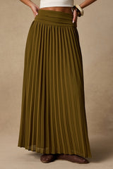 Liada Olive Pleated High-Waisted Maxi Skirt