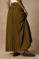 Liada Olive Pleated High-Waisted Maxi Skirt