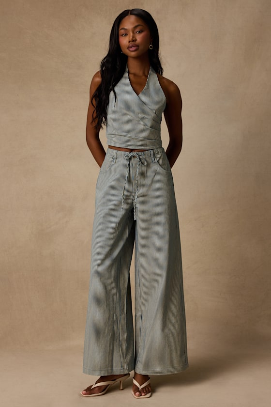 Ruby Blue Striped Cotton Wide-Leg Pants
