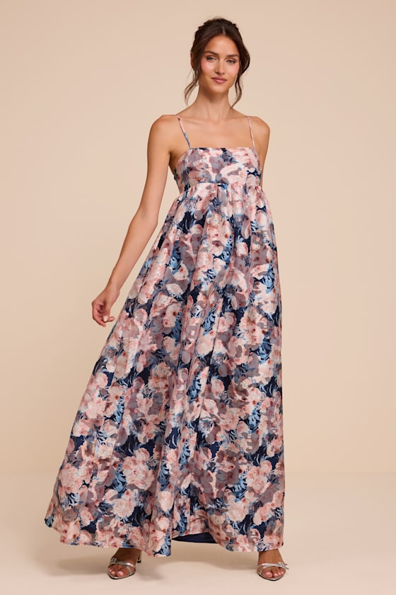 Carmen Navy Multi Floral Jacquard Babydoll Maxi Dress