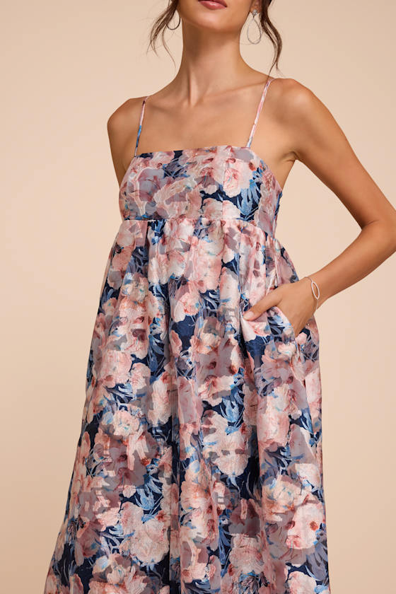 Carmen Navy Multi Floral Jacquard Babydoll Maxi Dress