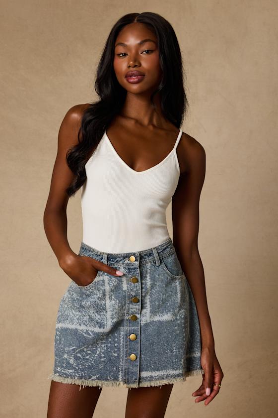 Hayzel Light Wash Denim Button-Front Mini Skirt
