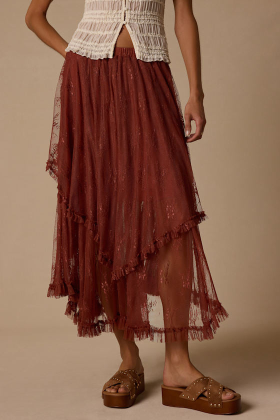 Briony Brown Lace Ruffled Midi Skirt