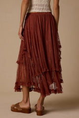 Briony Brown Lace Ruffled Midi Skirt