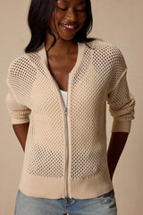 Bea Cream Pierced Knit Zip-Up Sweater