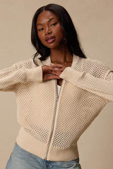 Bea Cream Pierced Knit Zip-Up Sweater