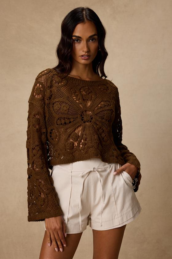 Martinez Brown Sheer Crochet Pullover Sweater