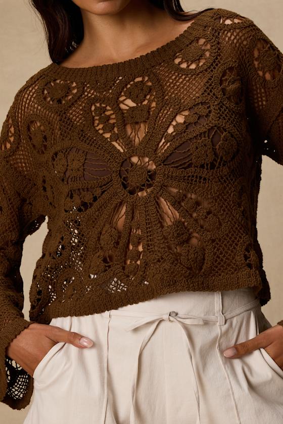 Martinez Brown Sheer Crochet Pullover Sweater
