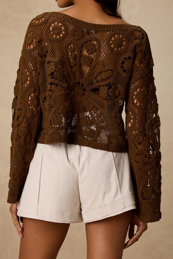 Martinez Brown Sheer Crochet Pullover Sweater