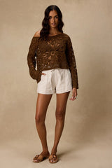 Martinez Brown Sheer Crochet Pullover Sweater