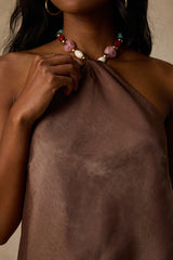 Clarice Brown Metallic Beaded Halter Top