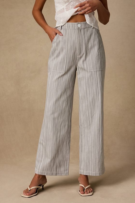 Inna Grey Striped Twill Wide-Leg Pants