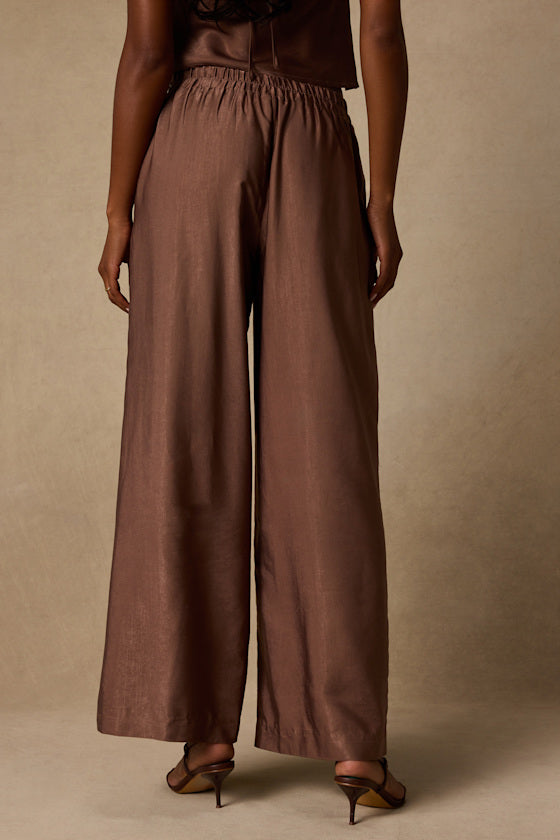 Clarice Brown Metallic Sash Wide-Leg Pants