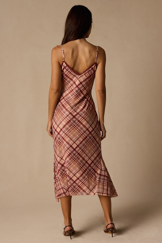 Rae Mauve Multi Plaid Mesh Slip Midi Dress