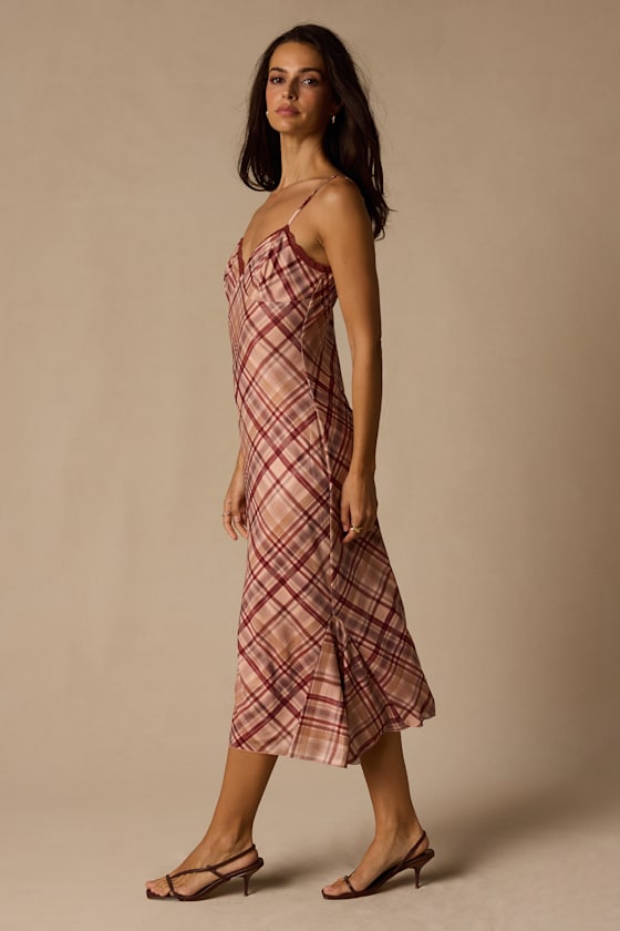 Rae Mauve Multi Plaid Mesh Slip Midi Dress