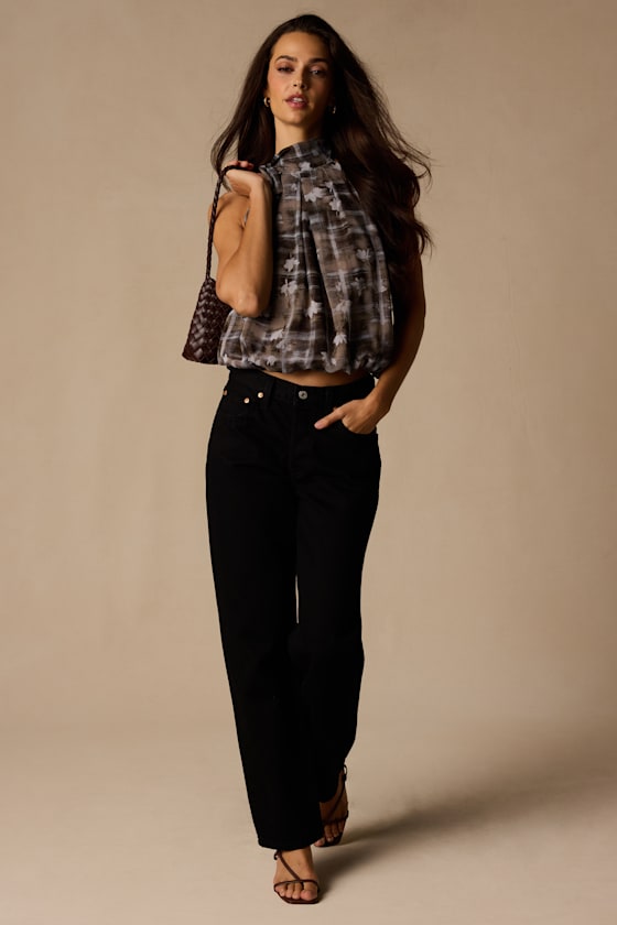 Sathia Taupe Multi Floral Mock Neck Tank Top