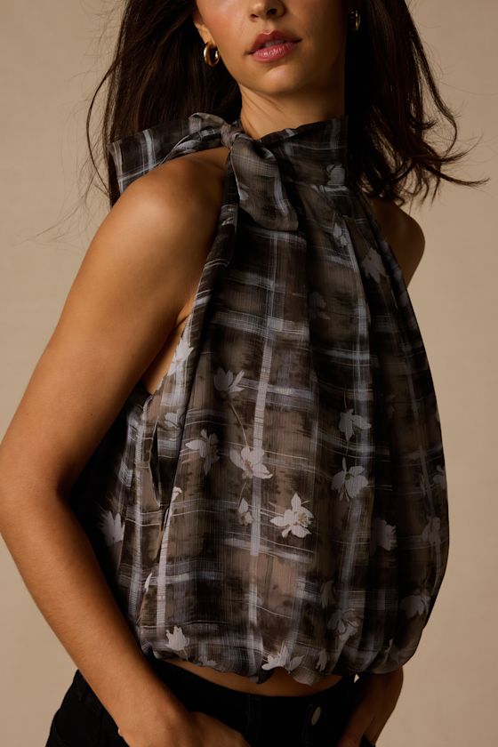 Sathia Taupe Multi Floral Mock Neck Tank Top