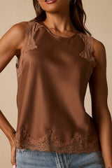 Jaynae Brown Lace Trim Satin Tank Top