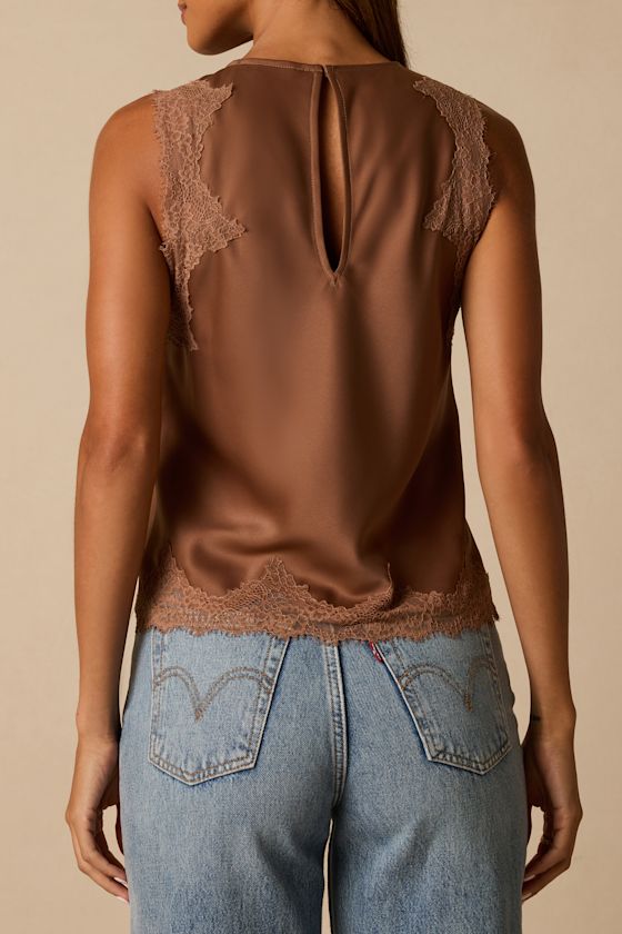 Jaynae Brown Lace Trim Satin Tank Top
