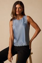 Jaynae Dusty Blue Lace Trim Satin Tank Top