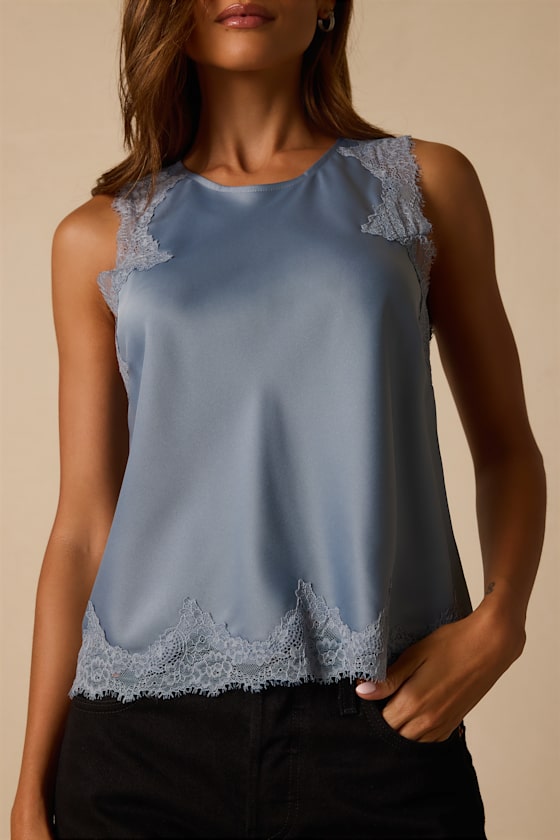 Jaynae Dusty Blue Lace Trim Satin Tank Top