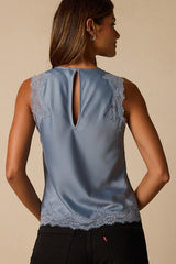 Jaynae Dusty Blue Lace Trim Satin Tank Top