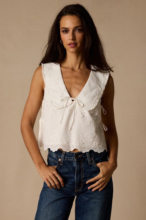Shani White Embroidered Collared Tank Top