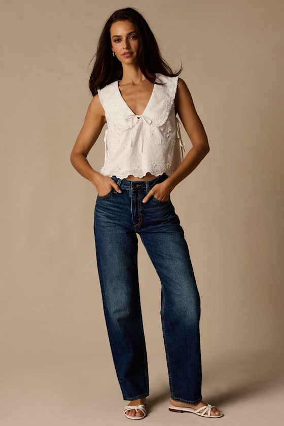 Shani White Embroidered Collared Tank Top