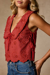 Shani Rust Red Embroidered Collared Tank Top