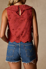 Shani Rust Red Embroidered Collared Tank Top