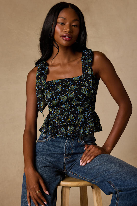 Shailene Black Multi Floral Tie-Strap Top