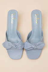 Lancee Powder Blue Suede Bow High Heel Slide Sandals