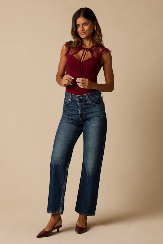 Coveted Crush Burgundy Lace Tie-Neck Bodysuit