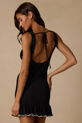 Santalia Black Ribbed Knit Ruffled Mini Dress