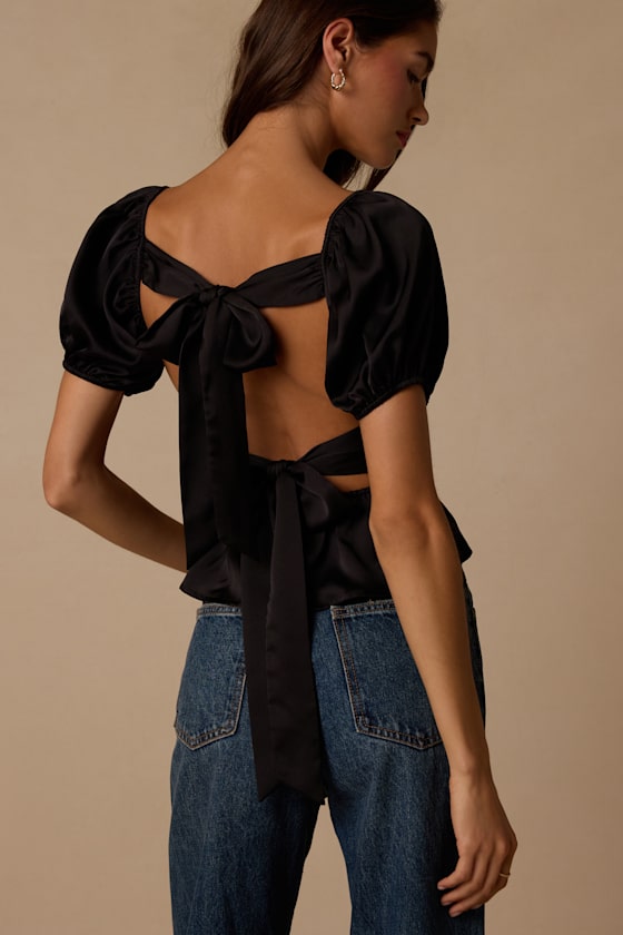 Romi Black Satin Puff Sleeve Peplum Top