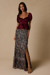 Romi Burgundy Satin Puff Sleeve Peplum Top