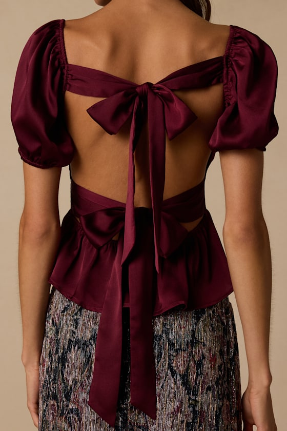 Romi Burgundy Satin Puff Sleeve Peplum Top