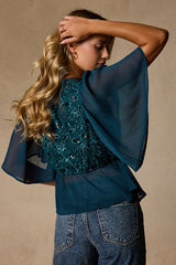 Dakotah Teal Blue Embroidered Sequin Top