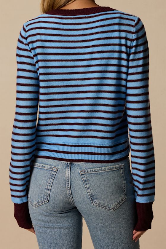 Becky Blue and Burgundy Striped Button-Up Cardigan