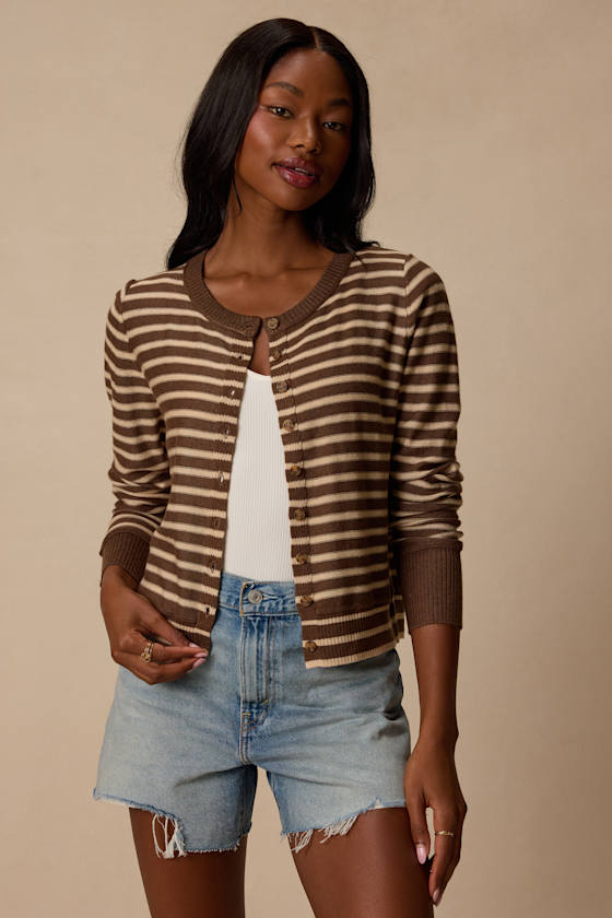 Becky Brown and Beige Striped Button-Up Cardigan