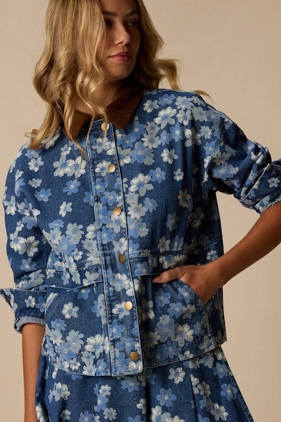 Cohen Medium Wash Floral Denim Jacket