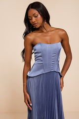 Makani Slate Blue Satin Bustier Maxi Dress